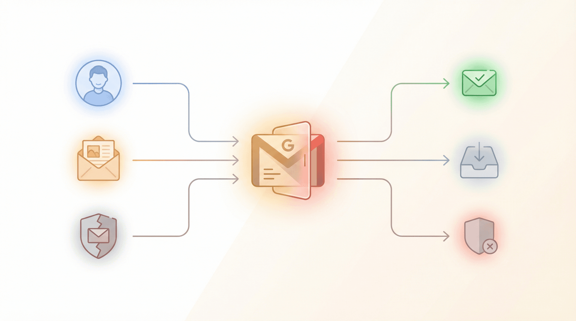 Editorial illustration showing Gmail's vacation responder logic: which senders get the auto-reply and which are excluded