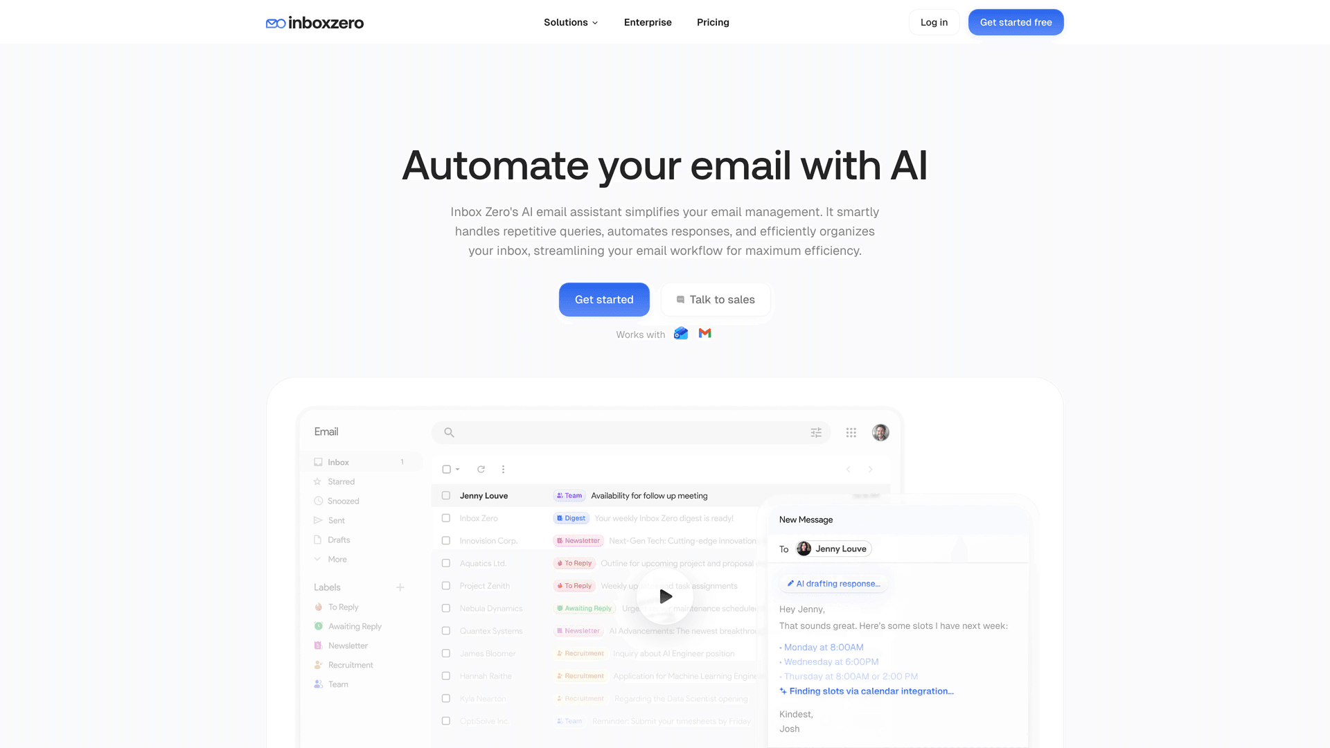 Inbox Zero AI automation page showing how AI rules automatically label, route, and organize email to reduce inbox noise and phishing exposure