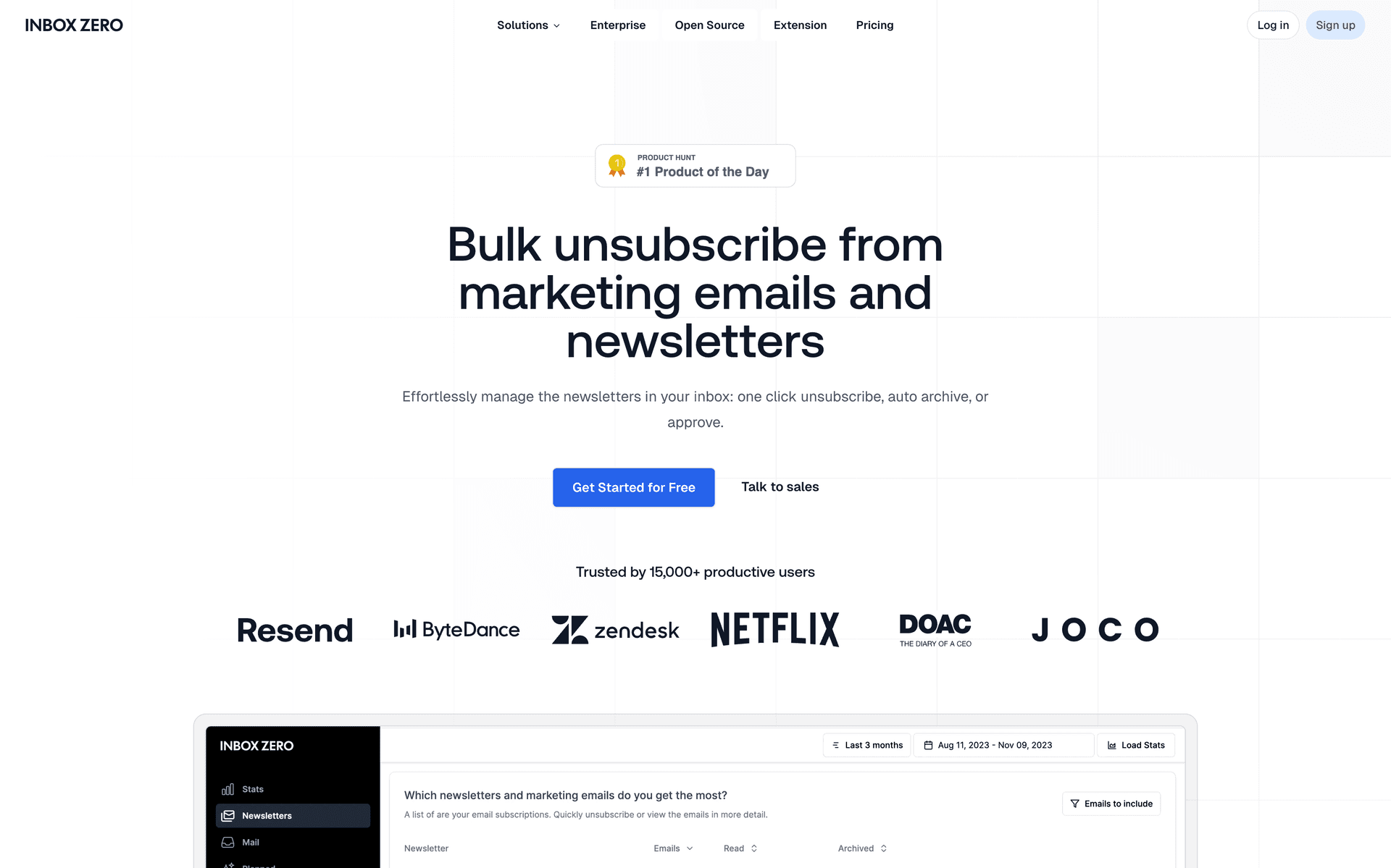 Inbox Zero bulk unsubscriber dashboard showing email subscription management with one-click unsubscribe actions