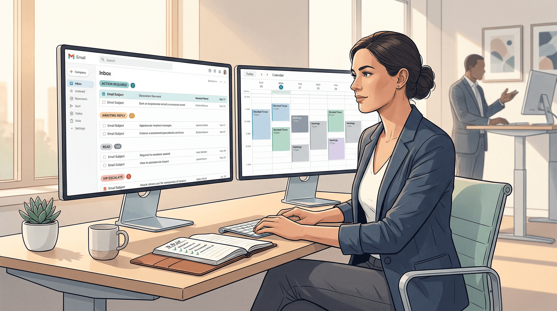Executive assistant confidently managing a structured, organized email inbox with clear action, waiting, and priority categories on screen