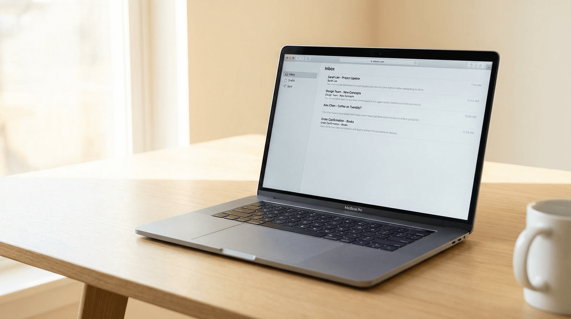 MacBook Pro on a minimal desk showing a clean, uncluttered Gmail inbox — representing Mimestream's native Mac simplicity at $4.99/month